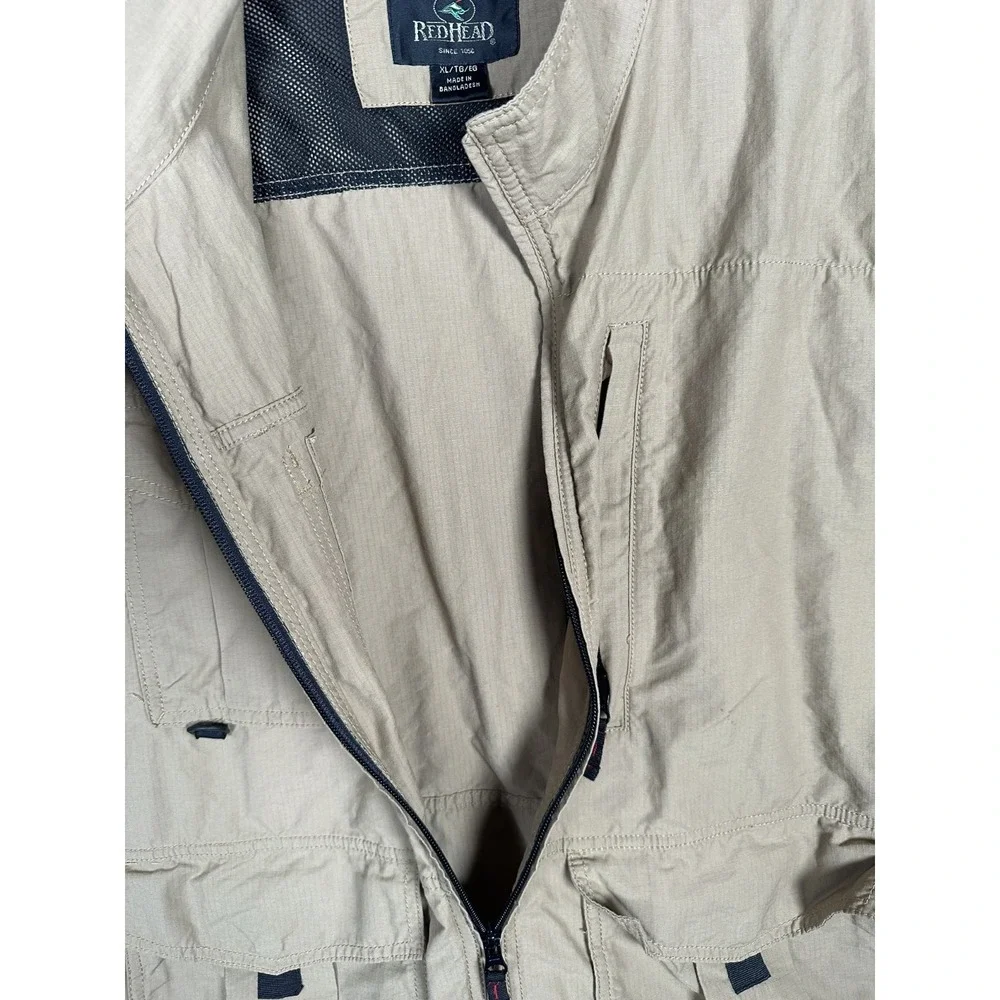 Vintage Redhead XL Mens Fishing Vest Tan Pockets Sleeveless Jacket Zip Mock Neck
